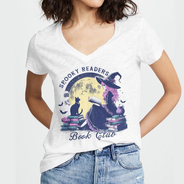 Vintage Sexy Witch Spooky Readers Book Lover Club Halloween Women's Jersey Short Sleeve Deep V-Neck Tshirt