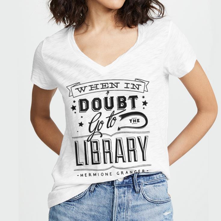 When In Doubt Go To The Library Teacher Vintage Book Lovers Women's Jersey Short Sleeve Deep V-Neck Tshirt