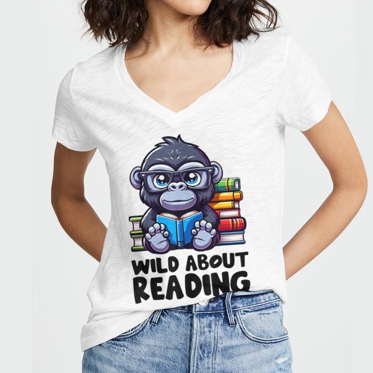 Wild About Reading Book Lover Gorilla Women's Jersey Short Sleeve Deep V-Neck Tshirt