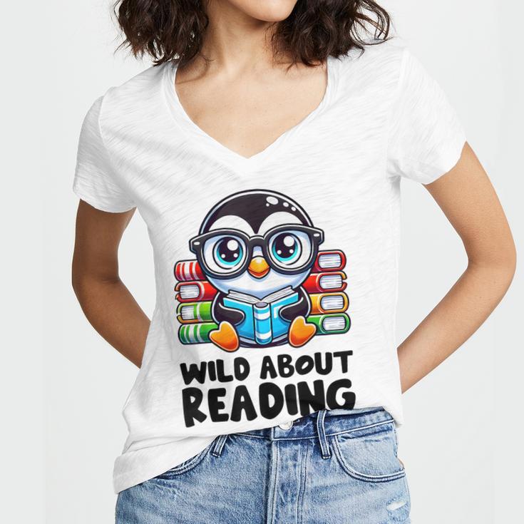 Wild About Reading Book Lover Penguin Women's Jersey Short Sleeve Deep V-Neck Tshirt Wild About Reading Book Lover Penguin Women's Jersey Short Sleeve Deep V-Neck Tshirt