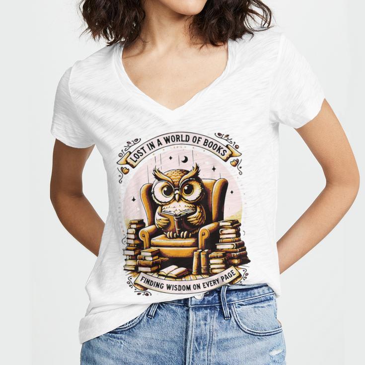 Wise Owl Reading Books Women's Jersey Short Sleeve Deep V-Neck Tshirt
