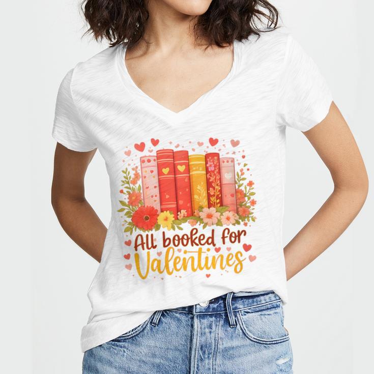 Women's All Booked For Valentine Teacher Valentines Reading Book Women's Jersey Short Sleeve Deep V-Neck Tshirt