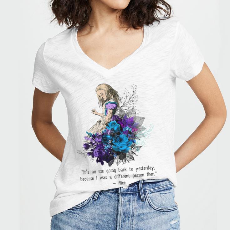 Women's Vintage Book Quote It’s No Use Going Back To Yesterday Women's Jersey Short Sleeve Deep V-Neck Tshirt Women's Vintage Book Quote It’s No Use Going Back To Yesterday Women's Jersey Short Sleeve Deep V-Neck Tshirt