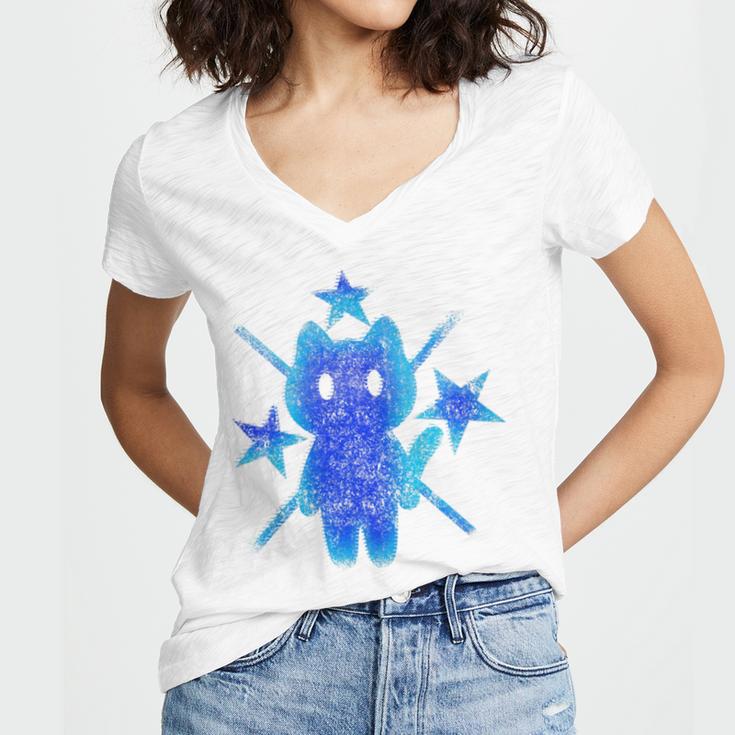 Yk2 Grunge Earthy Blue Cat With Stars Tomboy 90s Nostalgia Premium Tri-Blend Women's Jersey Short Sleeve Deep V-Neck Tshirt Yk2 Grunge Earthy Blue Cat With Stars Tomboy 90s Nostalgia Premium Tri-Blend Women's Jersey Short Sleeve Deep V-Neck Tshirt