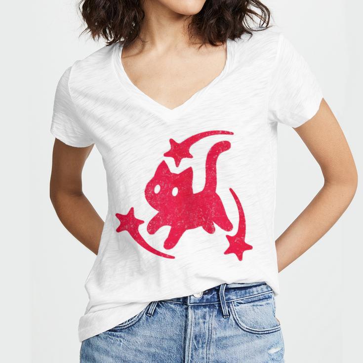 Yk2 Grunge Scary Cat With Shooting Stars 90s Nostalgia Women's Jersey Short Sleeve Deep V-Neck Tshirt Yk2 Grunge Scary Cat With Shooting Stars 90s Nostalgia Women's Jersey Short Sleeve Deep V-Neck Tshirt