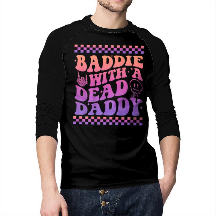 Baddie With A Dead Daddy Dead Dad Club Baddie On Back Men Baseball Raglan Shirt