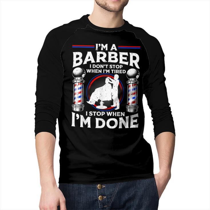 Barber s For Men Dad Hairstyling Humor Quote Small Men Baseball Raglan Shirt