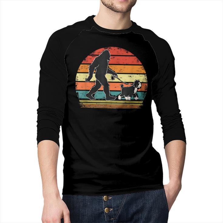 Bigfoot Walking a Dog Bernedoodle Dog Dad Men Baseball Raglan Shirt
