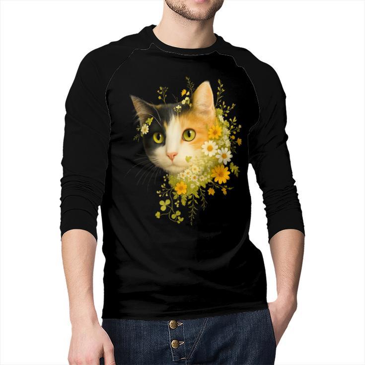 Calico Cat With Flowers For Mom Dad Women Men Kids Botanical Men Baseball Raglan Shirt