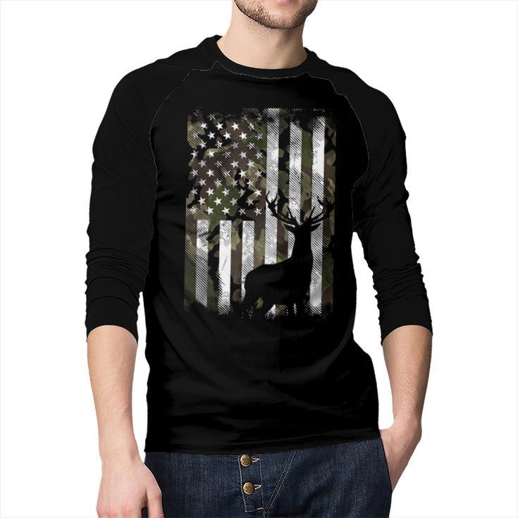 Camo US Flag Deer Elk Buck Camoflage Hunting Hunter Dad Short Sleeve Men Baseball Raglan Shirt