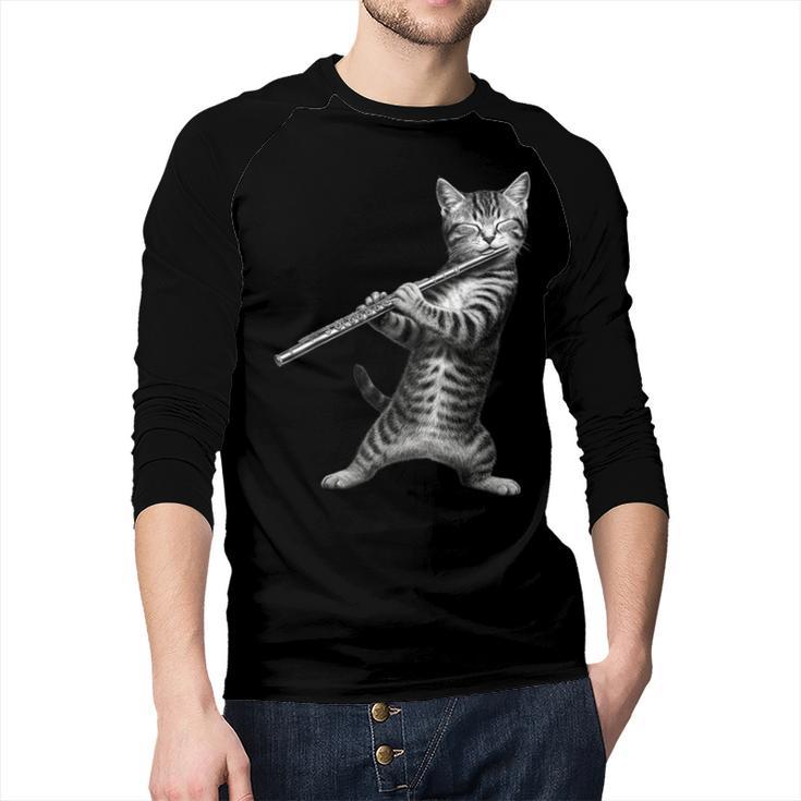 Cat Playing Flute For Cat Lover Cat Mom Cat Dad Men Baseball Raglan Shirt