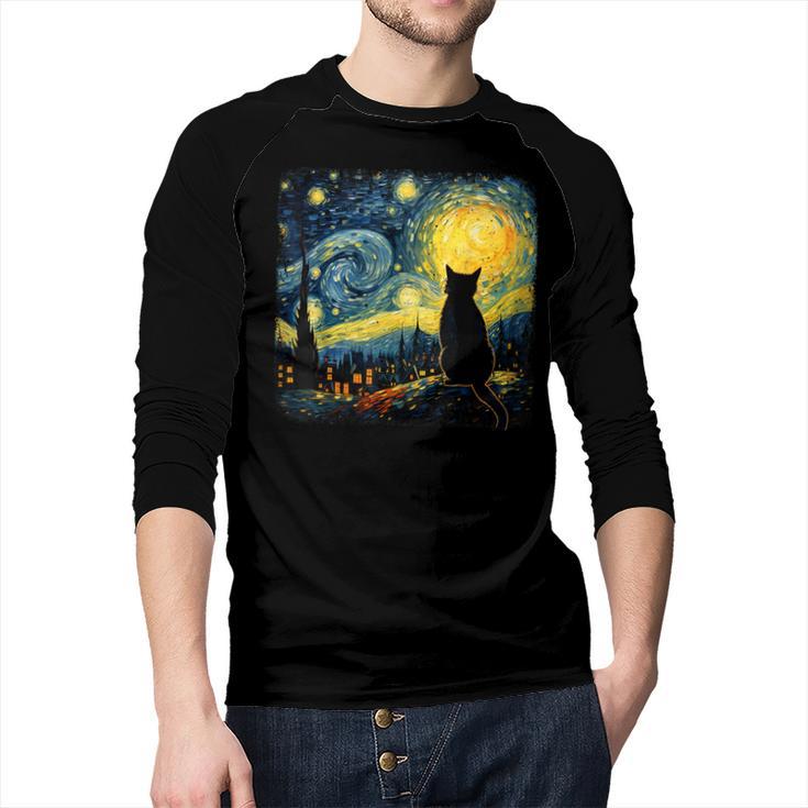 Cat Starry Night Van Gogh Cat For Cat Lover Cat Mom Cat Dad Men Baseball Raglan Shirt