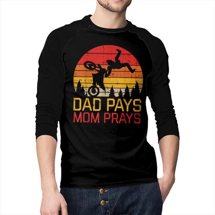 Dad Pays Mom Prays Dirt Bike Retro Motocross Boys Kids Men Baseball Raglan Shirt