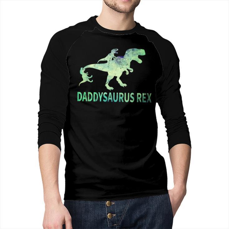Daddysaurus T Rex Dinosaur Daddy Saurus Dad 2 Two Kids Dino Men Baseball Raglan Shirt