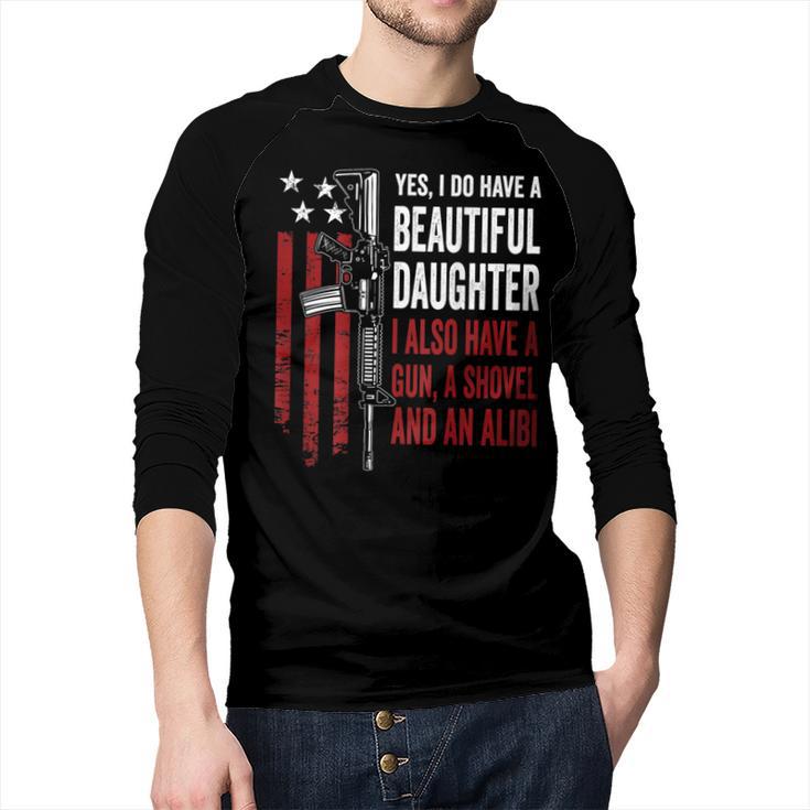 Daughter Gun Shovel Alibi Mom Dad Guns Joke -ON Back Men Baseball Raglan Shirt