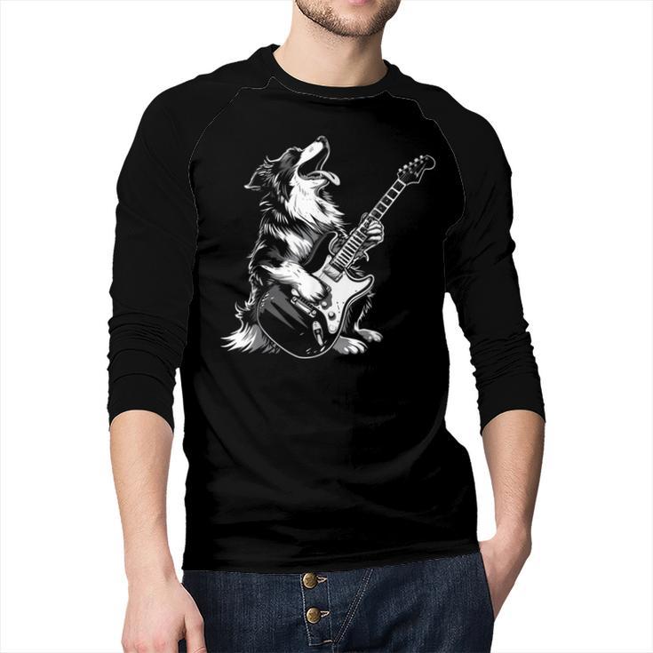 Dog Guitarist Guitar Australian Shepherd Dad Mom Men Baseball Raglan Shirt