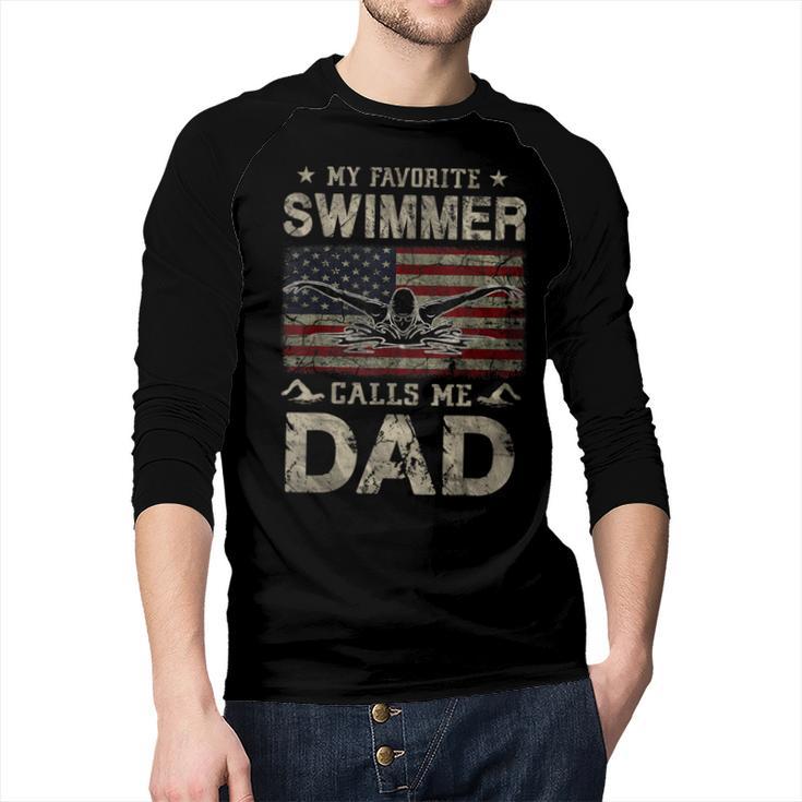 My Favorite Swimmer Calls Me Dad Fathers Day Men Baseball Raglan Shirt