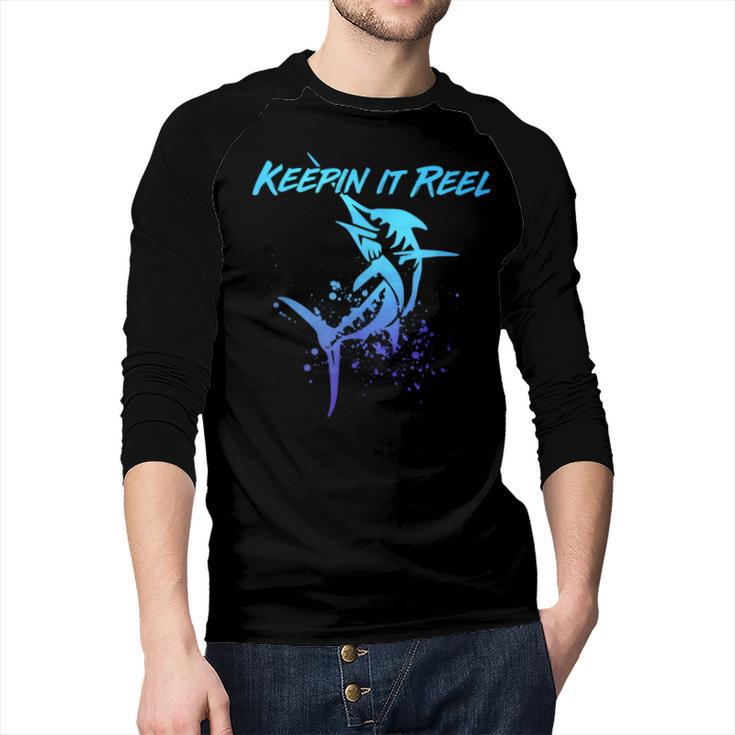 Fishing Keepin IT Reel Marlin Sport Fishermen Men Dad Men Baseball Raglan Shirt