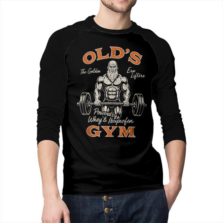 Old's Gym Logo Workout Dad Grandpa Weightlifting Old Men Gym Men Baseball Raglan Shirt