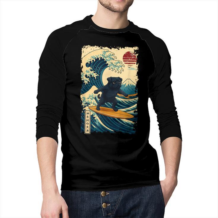 Pug Japanese Kanagawa Wave Surfing Japan Mom Dad Kids Men Baseball Raglan Shirt