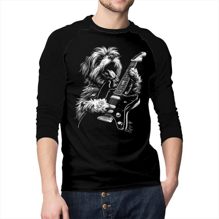 Shih Tzu Dog Playing Electric Guitar Rock Dog Dad Men Women Kids Men Baseball Raglan Shirt