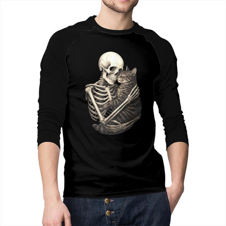 Skeleton Hugging Cat Halloween Cat Lover Cat Mom Dad Men Baseball Raglan Shirt