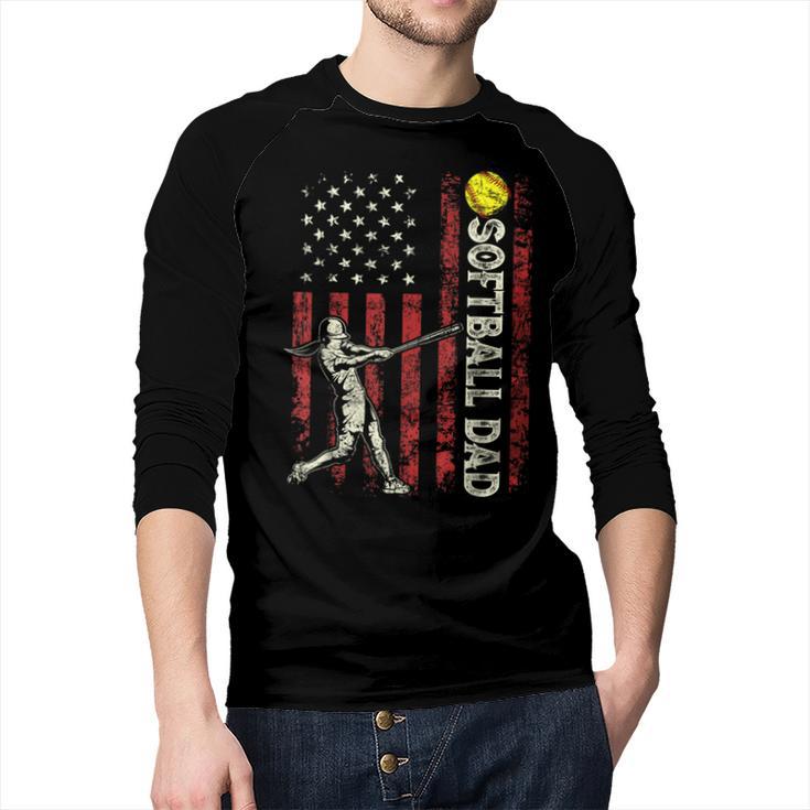 Softball Dad US Flag For Dad Men Patriotic Fathers Day Men Baseball Raglan Shirt