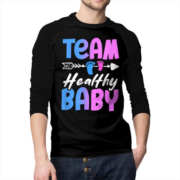 Team Healthy Baby Gender Reveal Pregnancy Mom Dad Men Baseball Raglan Shirt