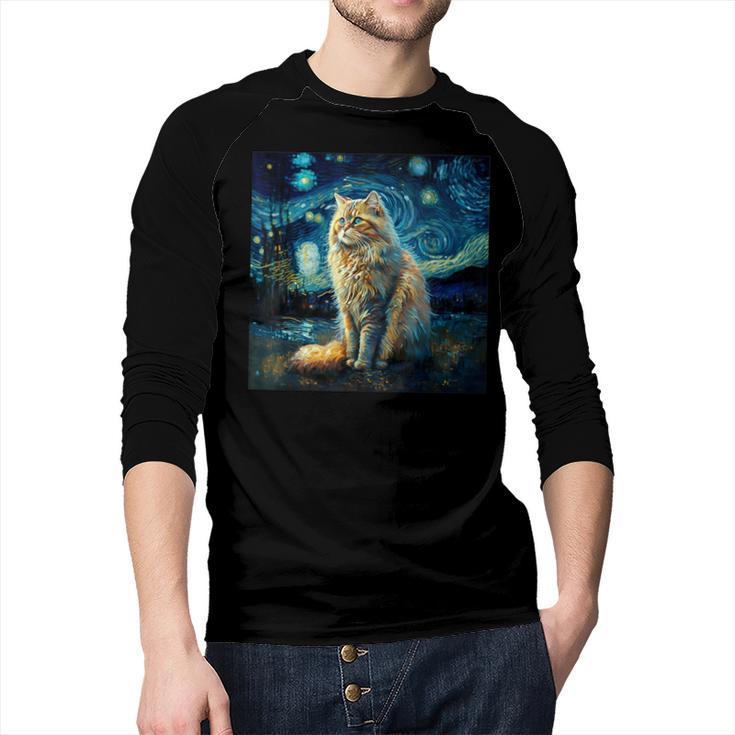 Van Gogh Starry Night Cat For Cat Lover Cat Mom And Cat Dad Men Baseball Raglan Shirt