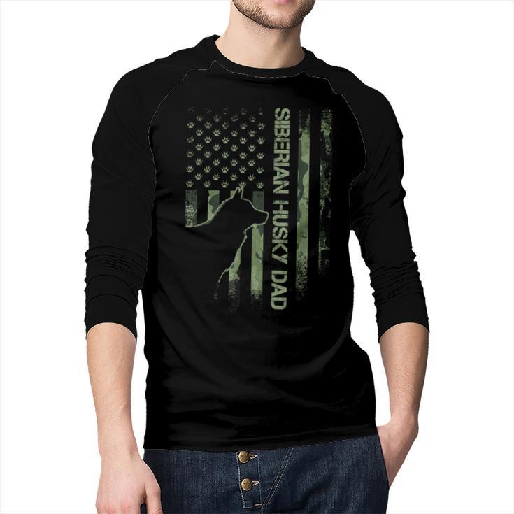 Vintage USA Camo Flag Proud Siberian Husky Dad Silhouette Men Baseball Raglan Shirt