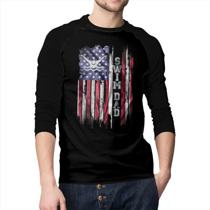 Vintage USA Flag Proud Swimming Dad Swim Swimmer Silhouette Men Baseball Raglan Shirt