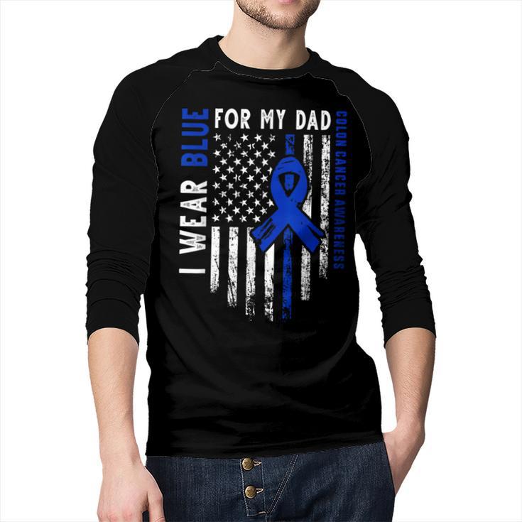 I Wear Blue For My Dad Colon Cancer Awareness Blue USA Flag Men Baseball Raglan Shirt