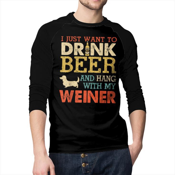 Weiner Dachshund Dad Drink Beer Hang With Dog Vintage Men Baseball Raglan Shirt