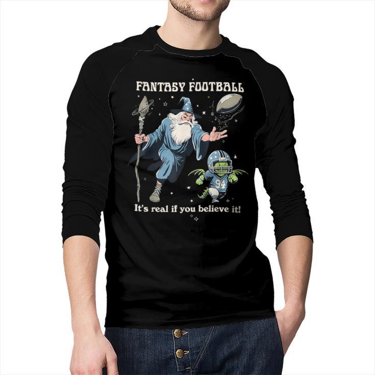 Wizard Dragon Fantasy Football Player Literal Dad Joke Men Baseball Raglan Shirt