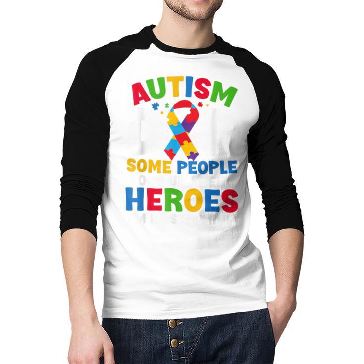 Autism Dad Puzzle Ribbon Proud Son Hero Autism Awareness Men Baseball Raglan Shirt