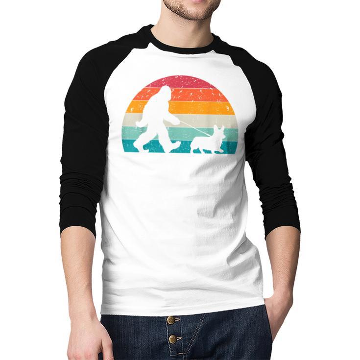 Bigfoot Walking a Dog Corgi Lovers Dog Dad Men Baseball Raglan Shirt