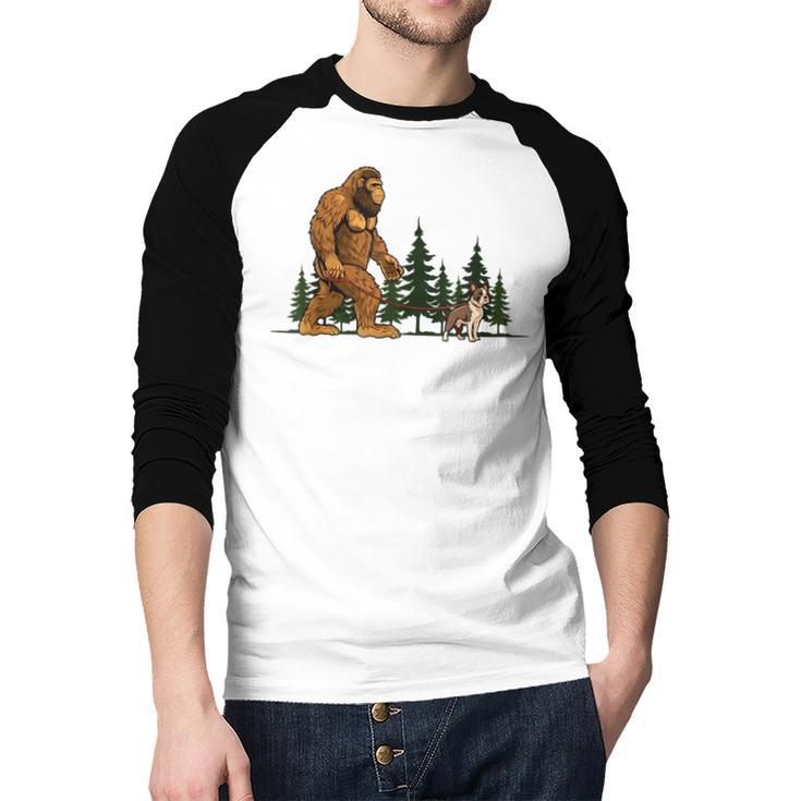 Boston Terrier Bigfoot Dog Walking Dog Mom Dad Kids Men Baseball Raglan Shirt