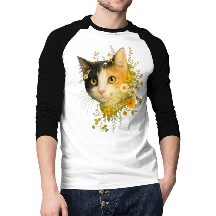Calico Cat With Flowers For Mom Dad Women Men Kids Botanical Men Baseball Raglan Shirt