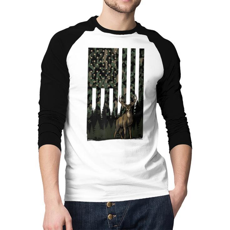 Camo Deer American Flag Graphic Hunting Men Dad Boys Men Baseball Raglan Shirt