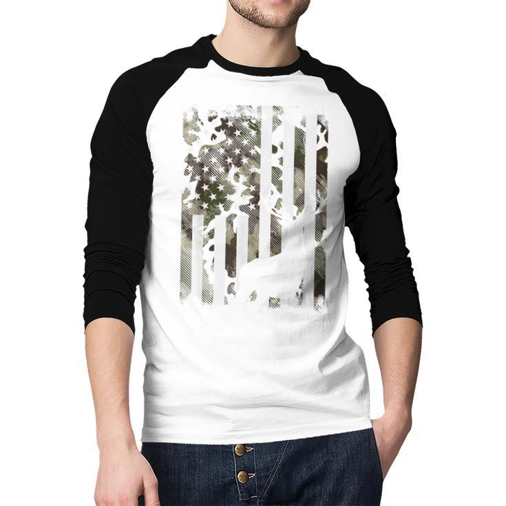 Camo US Flag Deer Elk Buck Camoflage Hunting Hunter Dad Short Sleeve Men Baseball Raglan Shirt
