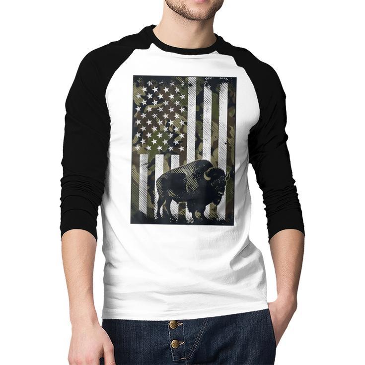 Camo USA Flag Bison Camouflage Hunting Wildlife Hunter Dad Men Baseball Raglan Shirt