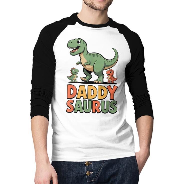 Daddy Saurus Dinosaur Dad Of Two Kids Dino Family Men Baseball Raglan Shirt