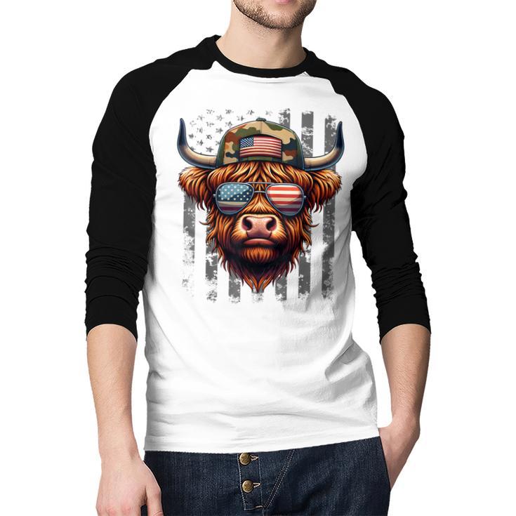 Highland Cow 4th July USA Flag Dad Father America Men Boys Men Baseball Raglan Shirt