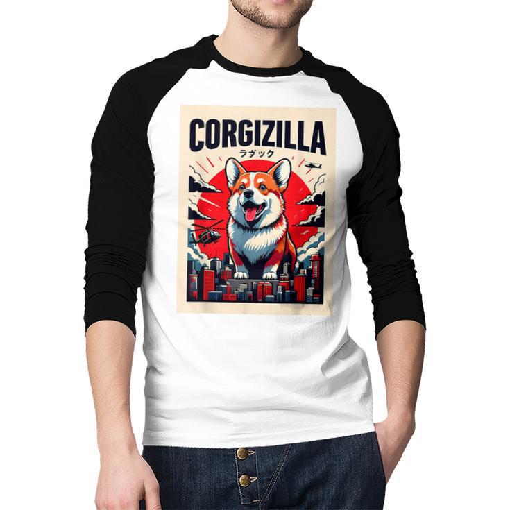 Japanese Art Corgi Dog Mom Dad Men Baseball Raglan Shirt