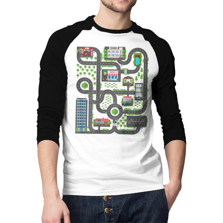 Kid Play Cars On Dad Back Race Track Mat Fathers Day Men Baseball Raglan Shirt