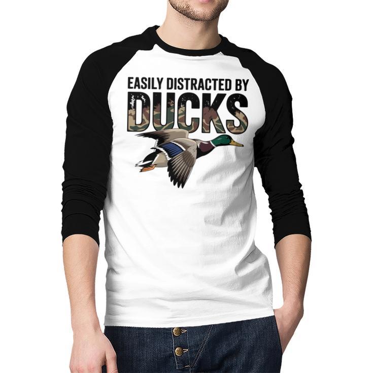 Mallard Duck Hunting Camo Easily Distracted Duck Dad Men Baseball Raglan Shirt