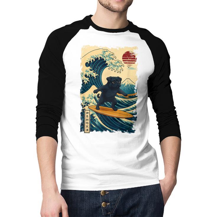 Pug Japanese Kanagawa Wave Surfing Japan Mom Dad Kids Men Baseball Raglan Shirt
