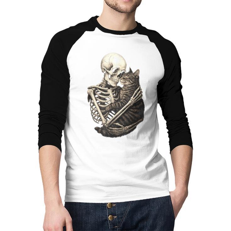 Skeleton Hugging Cat Halloween Cat Lover Cat Mom Dad Men Baseball Raglan Shirt