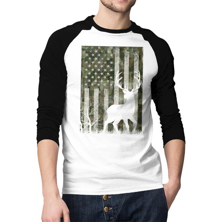 US Flag Deer Elk Buck Camoflage Hunting Hunter Dad Grandpa Men Baseball Raglan Shirt