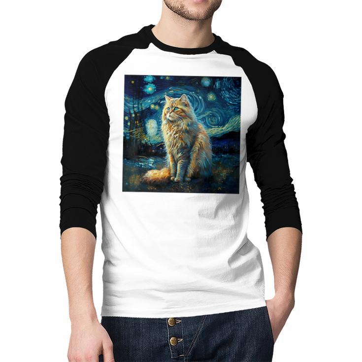 Van Gogh Starry Night Cat For Cat Lover Cat Mom And Cat Dad Men Baseball Raglan Shirt